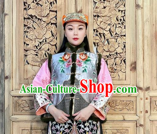 Chinese Traditional Winter Clothing Embroidered Vest Grey Silk Waistcoat