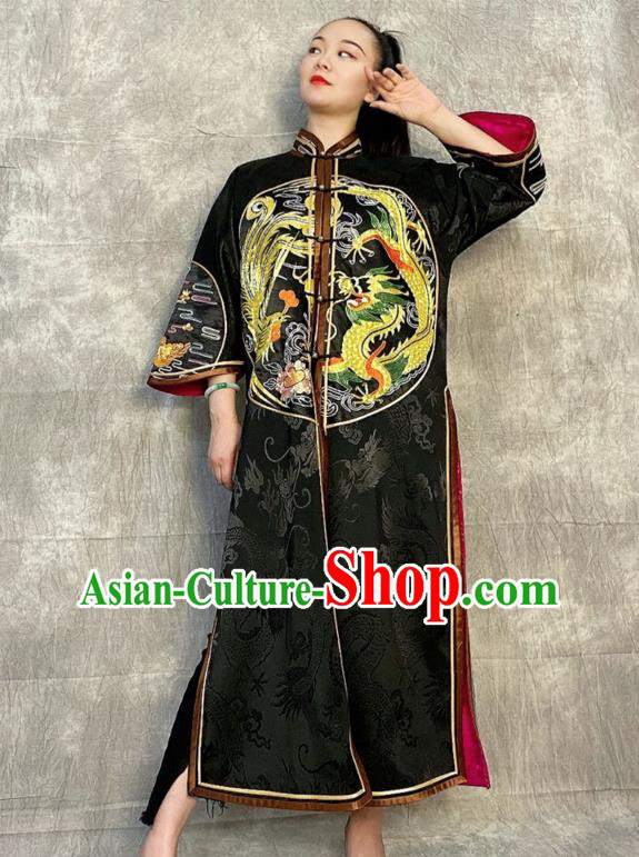 Chinese National Black Silk Dust Coat Traditional Tang Suit Overcoat Embroidered Costume