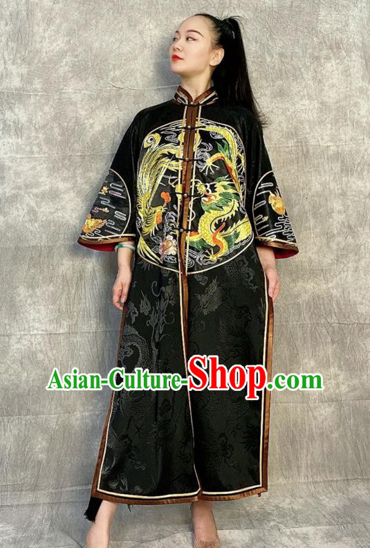 Chinese National Black Silk Dust Coat Traditional Tang Suit Overcoat Embroidered Costume