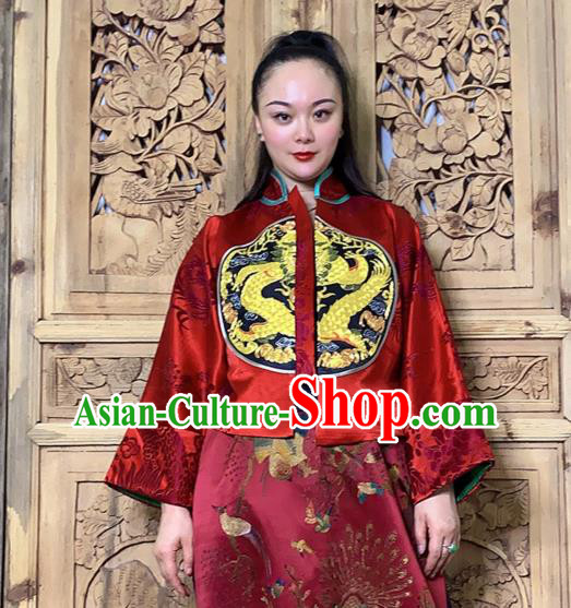 Chinese Tang Suit Upper Outer Garment Traditional Embroidered Red Silk Jacket