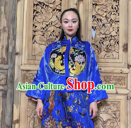 Chinese National Costume Tang Suit Outer Garment Traditional Embroidered Lotus Fish Blue Silk Jacket