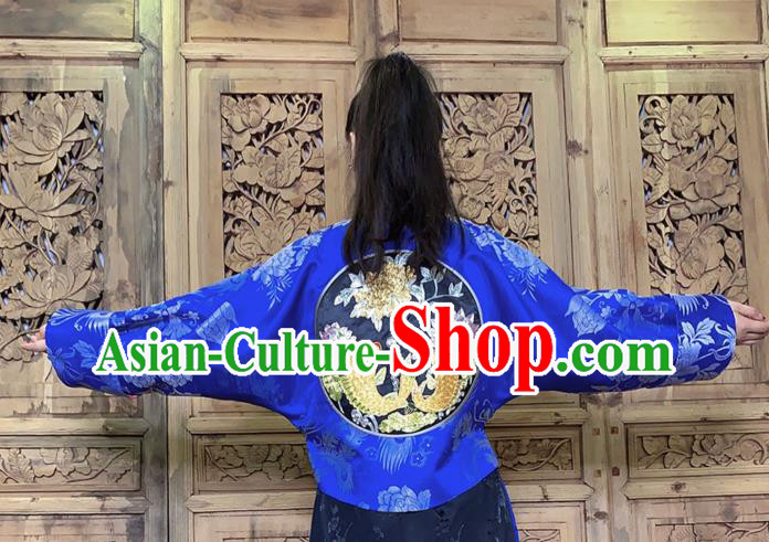 Chinese National Costume Tang Suit Outer Garment Traditional Embroidered Lotus Fish Blue Silk Jacket