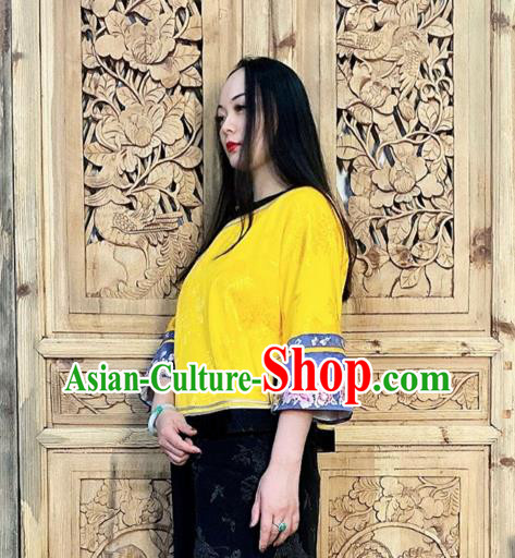 Chinese Embroidered Cheongsam Shirt Traditional Golden Silk Blouse Tang Suit Upper Outer Garment