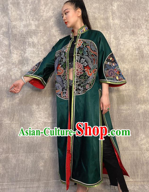 Chinese Embroidered Dragon Deep Green Silk Dust Coat Traditional National Costume Tang Suit Overcoat