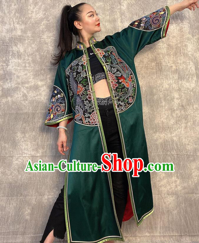 Chinese Embroidered Dragon Deep Green Silk Dust Coat Traditional National Costume Tang Suit Overcoat
