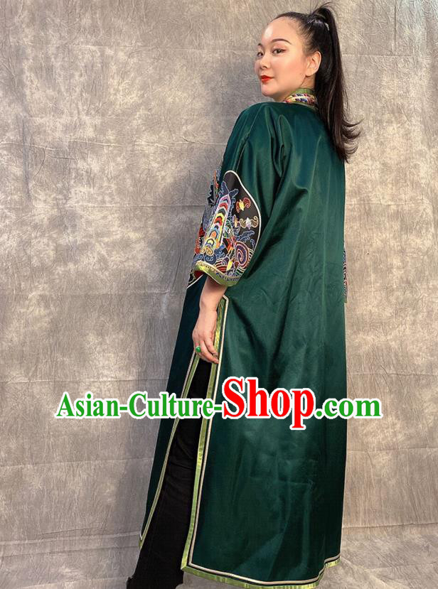 Chinese Embroidered Dragon Deep Green Silk Dust Coat Traditional National Costume Tang Suit Overcoat