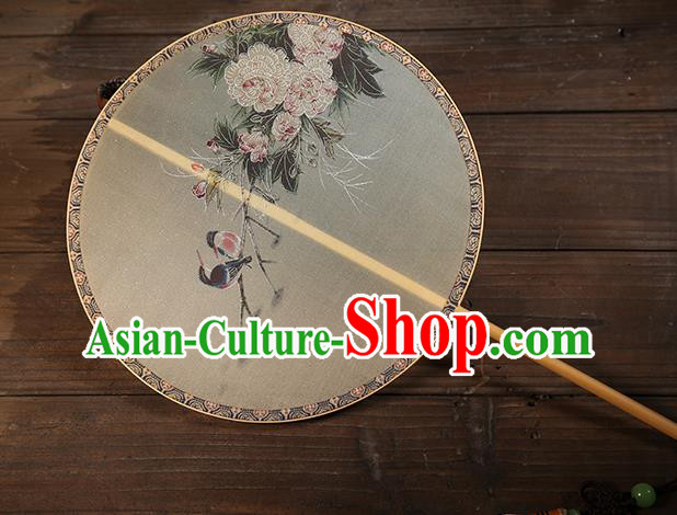 China Classical Peony Birds Pattern Silk Fan Traditional Ming Dynasty Palace Fan Handmade Hanfu Circular Fan