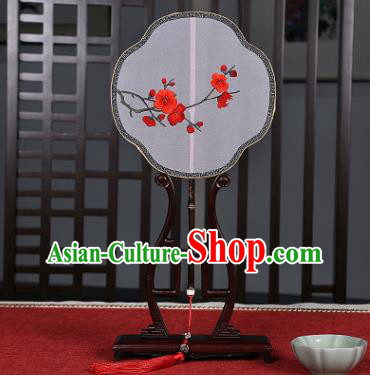 China Traditional Embroidered Red Plum Palace Fan Classical Dance Fan Handmade White Silk Fan
