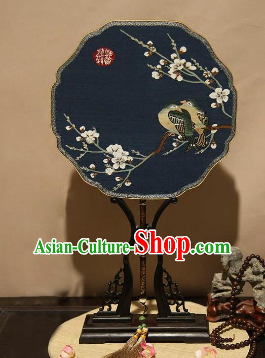 China Traditional Palace Fan Handmade Suzhou Craft Fan Classical Plum Blossom Pattern Navy Silk Fan