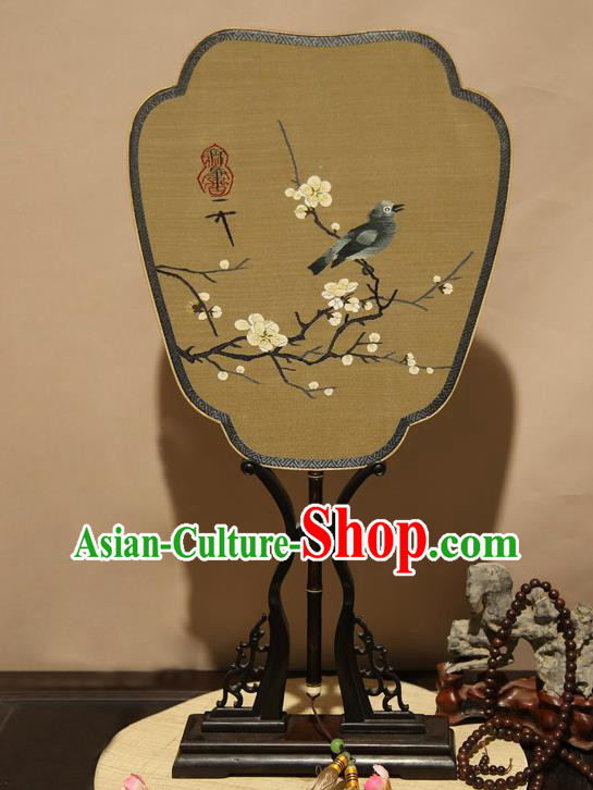 China Classical Plum Blossom Pattern Ginger Silk Fan Handmade Suzhou Craft Fan Traditional Palace Fan