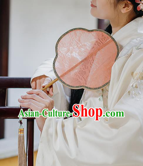 China Traditional Song Dynasty Princess Fan Handmade Palace Fan Classical Jacquard Pink Silk Fan