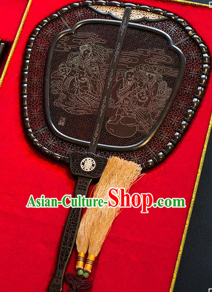 China Handmade Ebony Fan Traditional Carving Wood Fan Classical Palace Fan