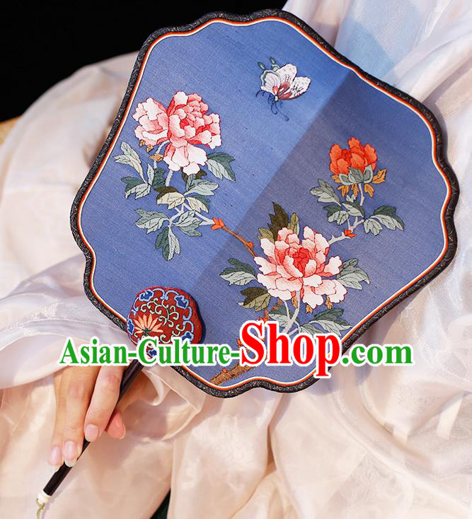 China Handmade Palace Fan Classical Peony Pattern Blue Silk Fan Traditional Ming Dynasty Hanfu Fan