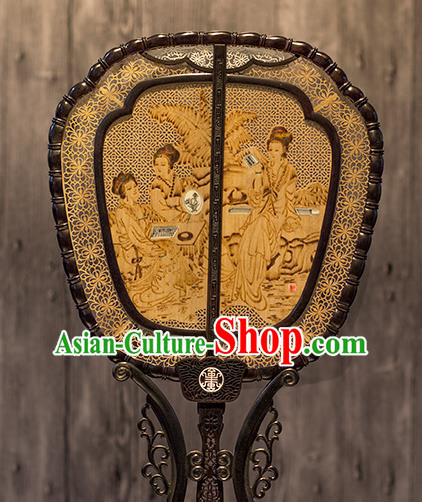 China Classical Beauty Pattern Palace Fan Handmade Hollow Rosewood Fan Traditional Carving Wood Fan