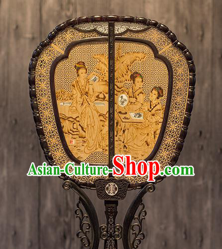 China Classical Beauty Pattern Palace Fan Handmade Hollow Rosewood Fan Traditional Carving Wood Fan