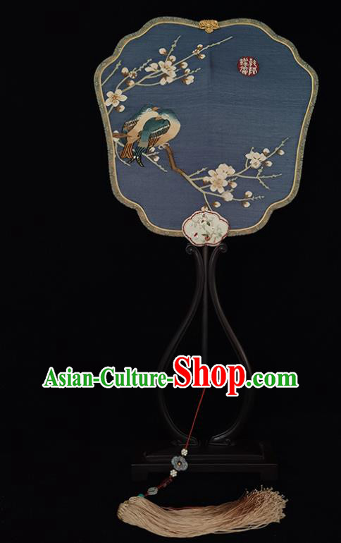 China Handmade Hanfu Fan Classical Palace Fan Traditional Qing Dynasty Court Blue Silk Fan