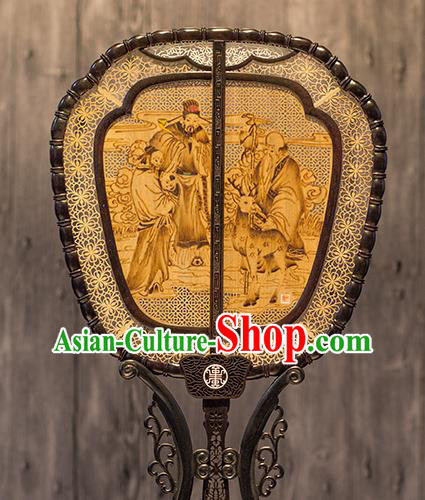 China Traditional Carving Wood Fan Classical Lucky Immortal Pattern Palace Fan Handmade Hollow Rosewood Fan
