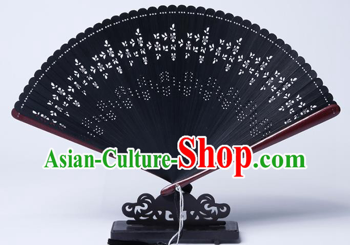 Chinese Classical Folding Fan Handmade Hollow Fan Traditional Black Bamboo Accordion
