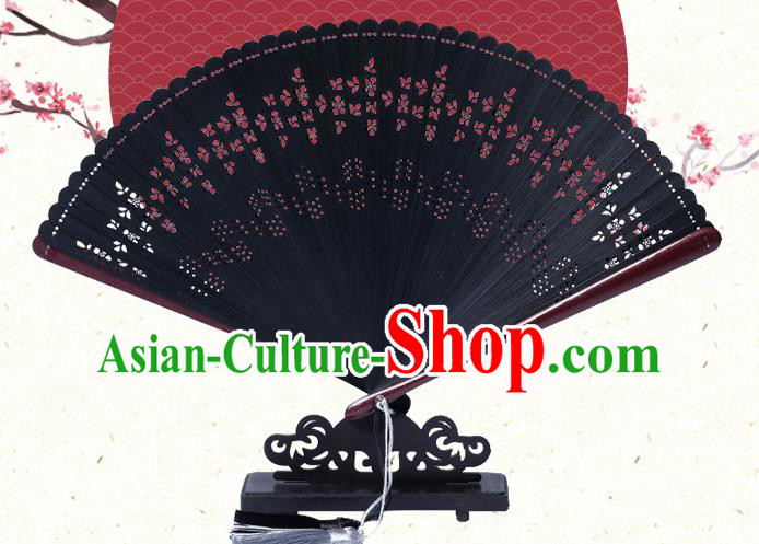 Chinese Classical Folding Fan Handmade Hollow Fan Traditional Black Bamboo Accordion