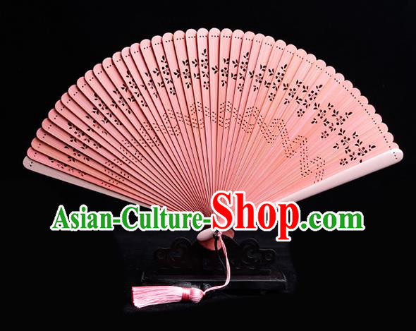 Chinese Handmade Hollow Fan Traditional Pink Bamboo Accordion Classical Folding Fan