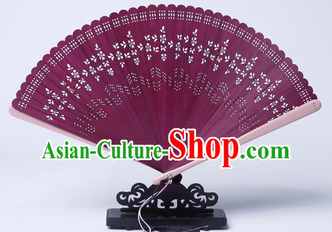 Chinese Traditional Purple Bamboo Accordion Classical Folding Fan Handmade Hollow Fan