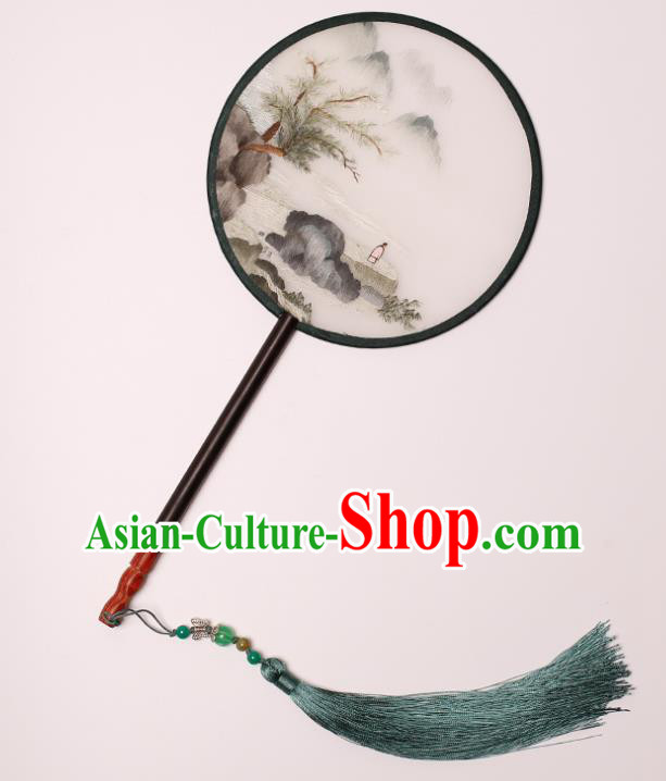 China Handmade Embroidered Landscape Circular Fan Classical Dance Palace Fan Traditional Hanfu Silk Fan
