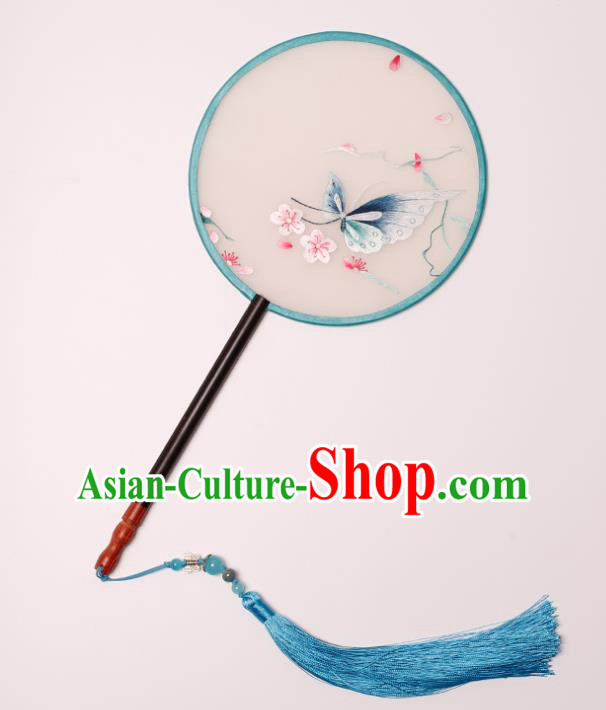 China Traditional Hanfu Silk Circular Fan Handmade Embroidered Butterfly Plum Fan Classical Palace Fan