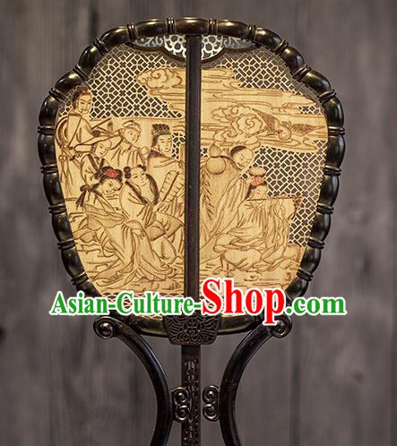 China Traditional Carving Wood Fan Classical Eight Immortals Painting Palace Fan Handmade Hollow Fan