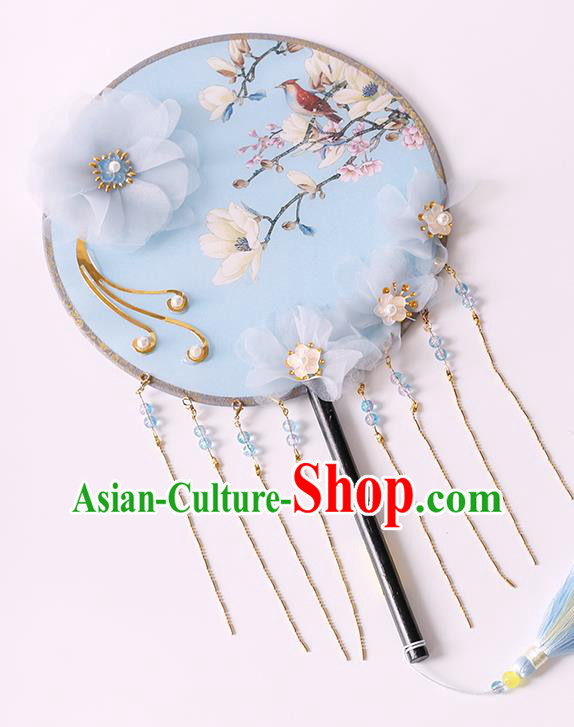 China Classical Tassel Circular Fan Handmade Palace Fan Traditional Printing Mangnolia Blue Silk Fan