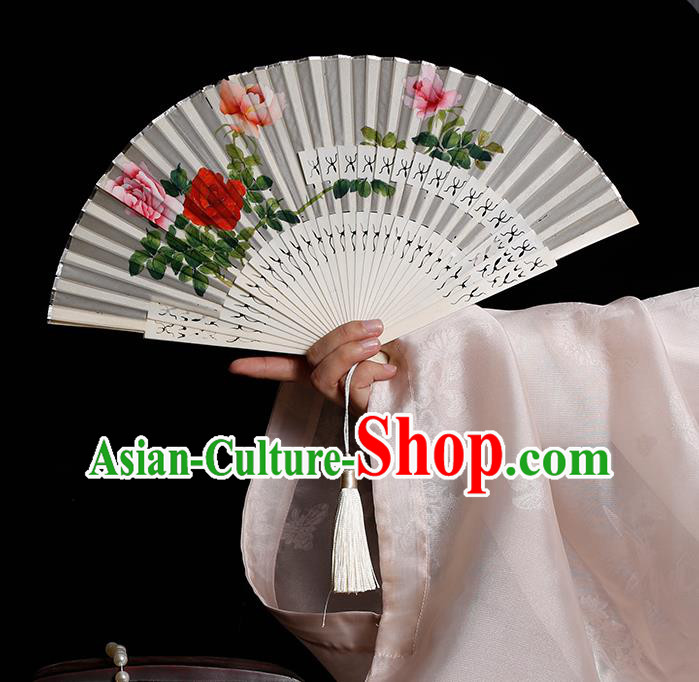 Chinese Hand Painting Rose Folding Fan Classical Fan Hollow Bones Accordion