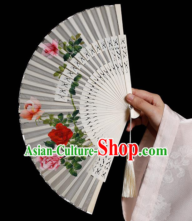 Chinese Hand Painting Rose Folding Fan Classical Fan Hollow Bones Accordion