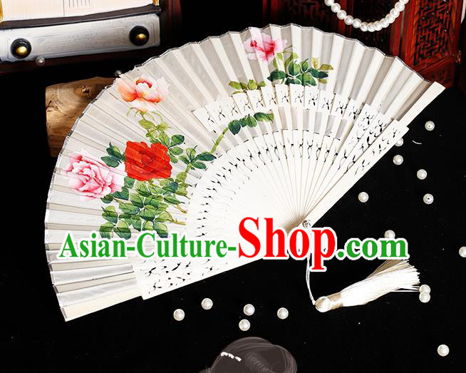 Chinese Hand Painting Rose Folding Fan Classical Fan Hollow Bones Accordion