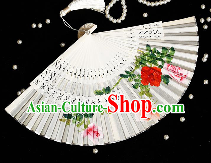 Chinese Hand Painting Rose Folding Fan Classical Fan Hollow Bones Accordion