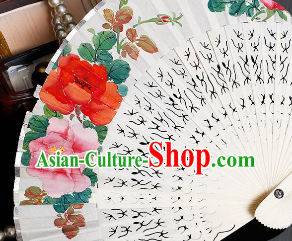 Chinese Hand Painting Rose Folding Fan Classical Fan Hollow Bones Accordion