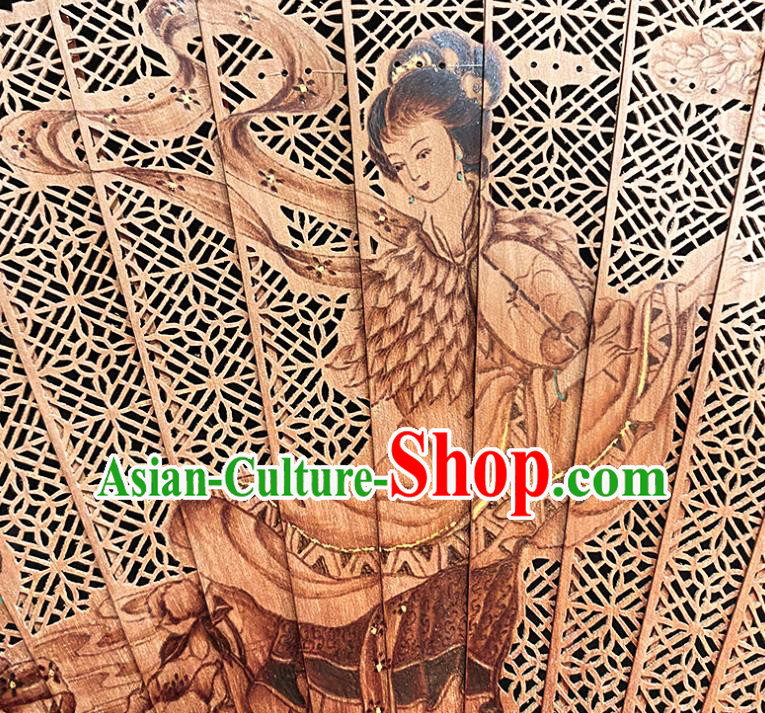 Chinese Handmade Carving Goddess Folding Fan Hollow Accordion Classical Sandalwood Fan