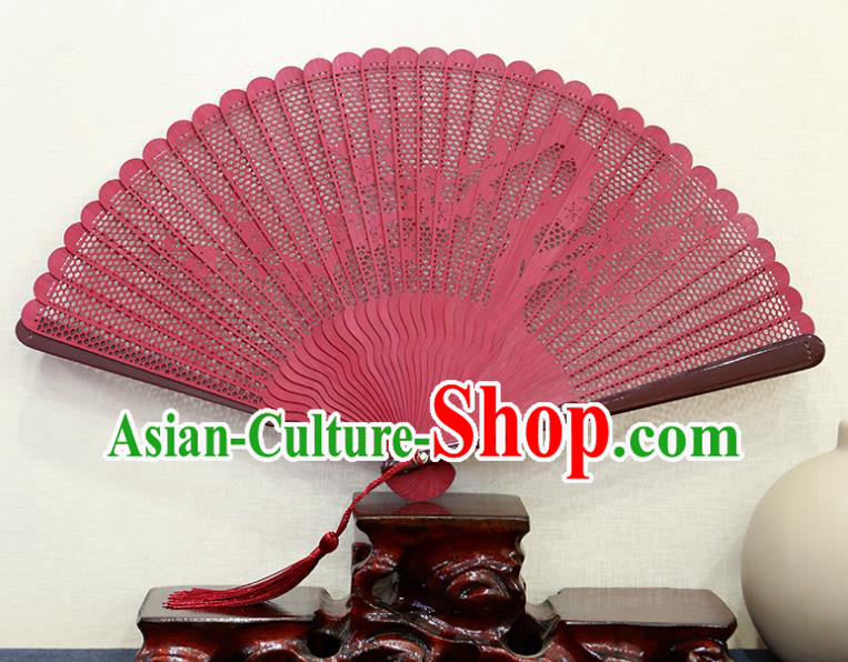 Chinese Classical Folding Fan Traditional Carving Plum Red Bamboo Accordion Handmade Hollow Fan
