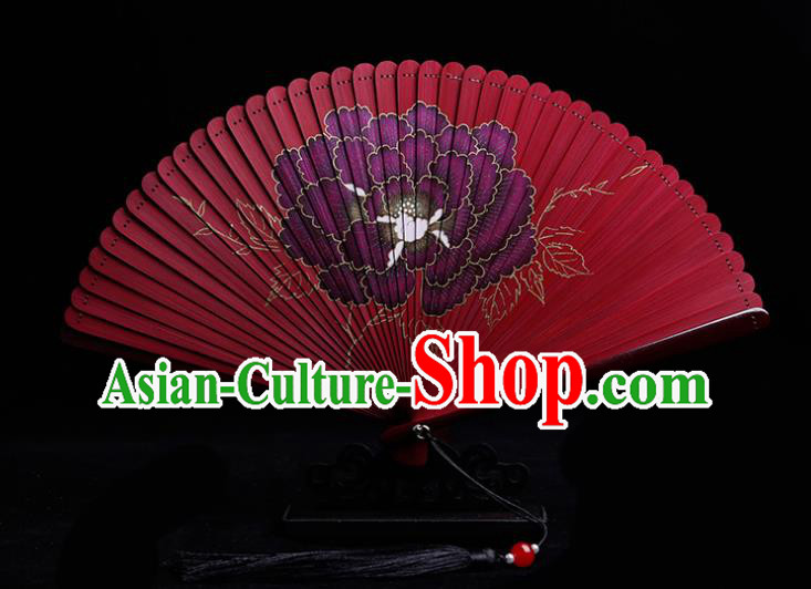Chinese Traditional Red Bamboo Accordion Classical Folding Fan Handmade Painting Peony Fan