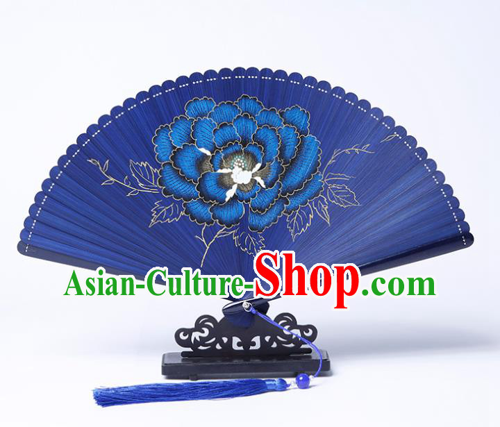 Chinese Handmade Painting Peony Fan Traditional Blue Bamboo Accordion Classical Folding Fan