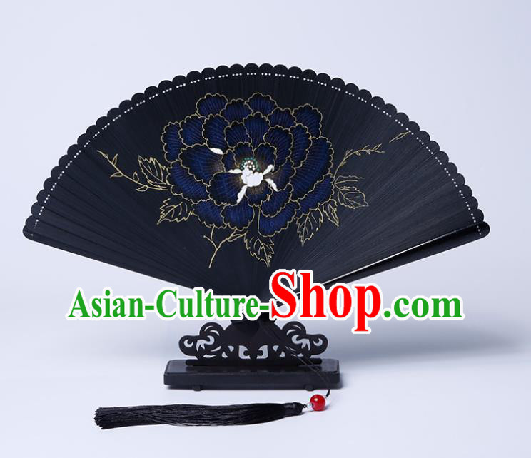 Chinese Classical Folding Fan Handmade Painting Peony Fan Traditional Black Bamboo Accordion