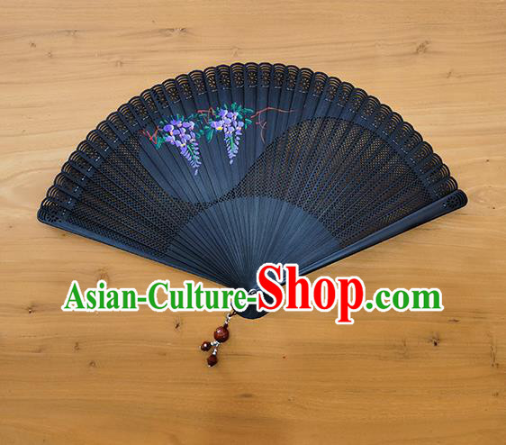 Chinese Classical Tai Chi Folding Fan Handmade Painting Wisteria Hollow Fan Traditional Black Bamboo Accordion