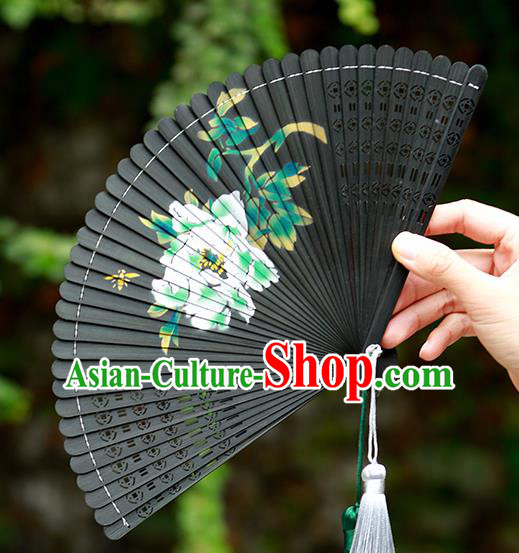 Chinese Handmade Kung Fu Folding Fan Traditional Printing Peony Black Bamboo Fan