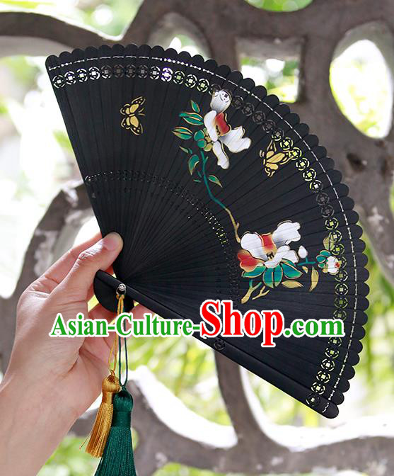 Chinese Traditional Printing Gardenia Black Bamboo Fan Handmade Kung Fu Folding Fan