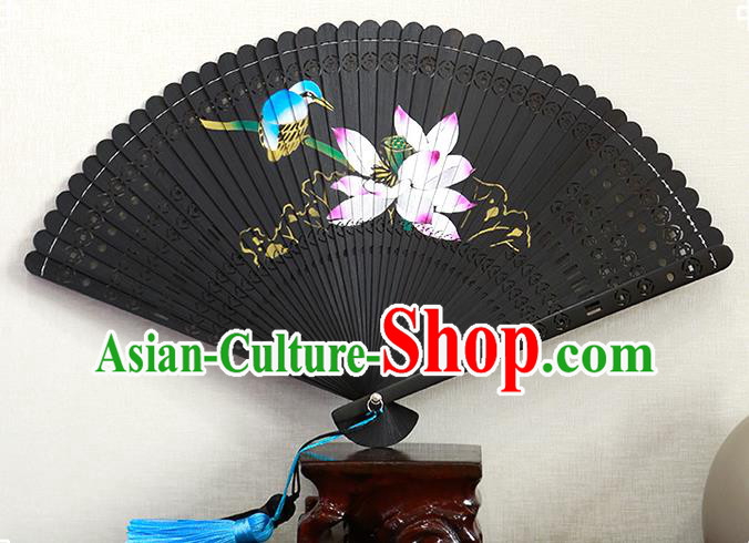 Chinese Kung Fu Folding Fan Handmade Hollow Black Bamboo Fan Traditional Printing Lotus Fan
