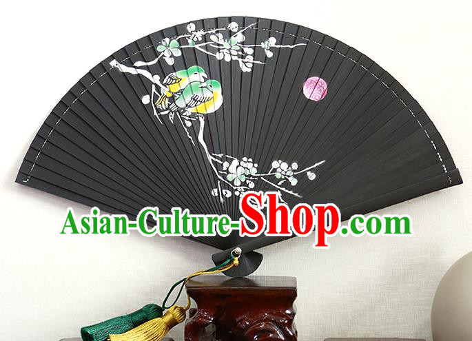 Chinese Handmade Hollow Black Bamboo Fan Traditional Printing Plum Blossom Fan Kung Fu Folding Fan