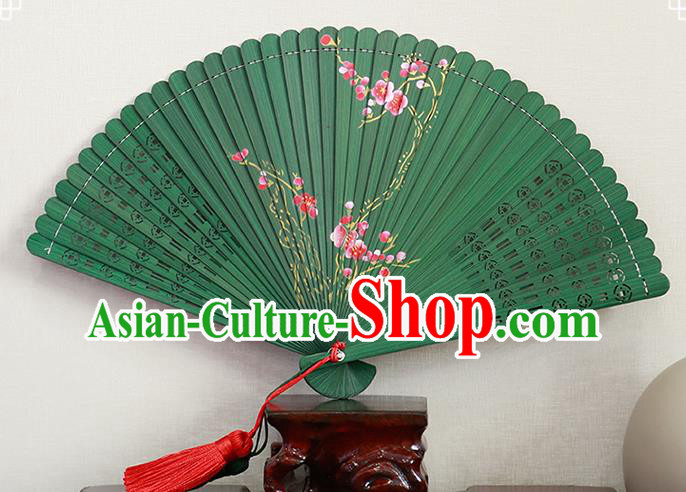Chinese Printing Plum Blossom Folding Fan Traditional Kung Fu Fan Handmade Hollow Green Bamboo Fan