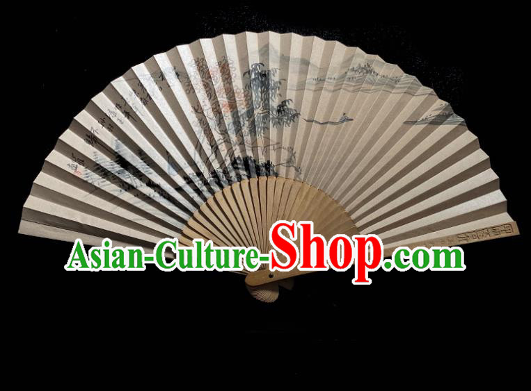 Chinese Ink Painting Accordion Classical Sandalwood Fan Handmade Folding Fan
