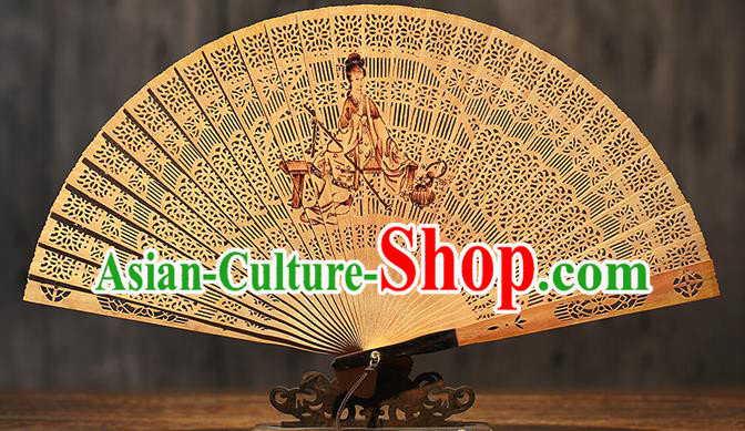 Chinese Traditional Kung Fu Fan Handmade Sandalwood Fan Ink Painting Goddess Folding Fan