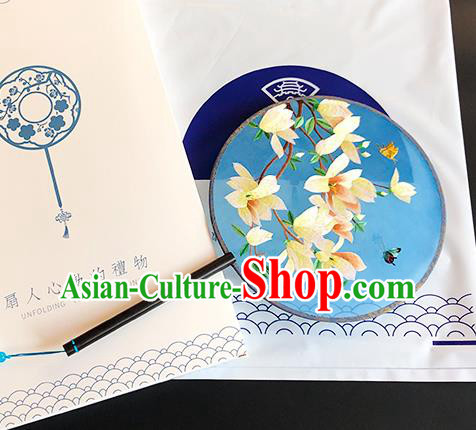 China Handmade Embroidered Mangnolia Palace Fan Classical Dance Blue Silk Circular Fan Traditional Hanfu Fan