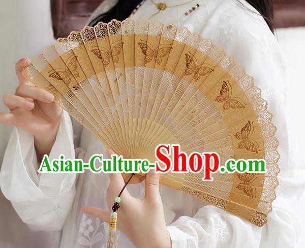 Chinese Printing Butterfly Folding Fan Traditional Hollow Fan Handmade Sandalwood Fan