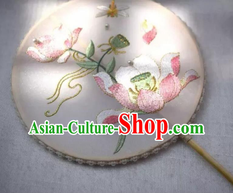 China Handmade Embroidered Lotus Palace Fan Classical Silk Circular Fan Traditional Hanfu Princess Fan